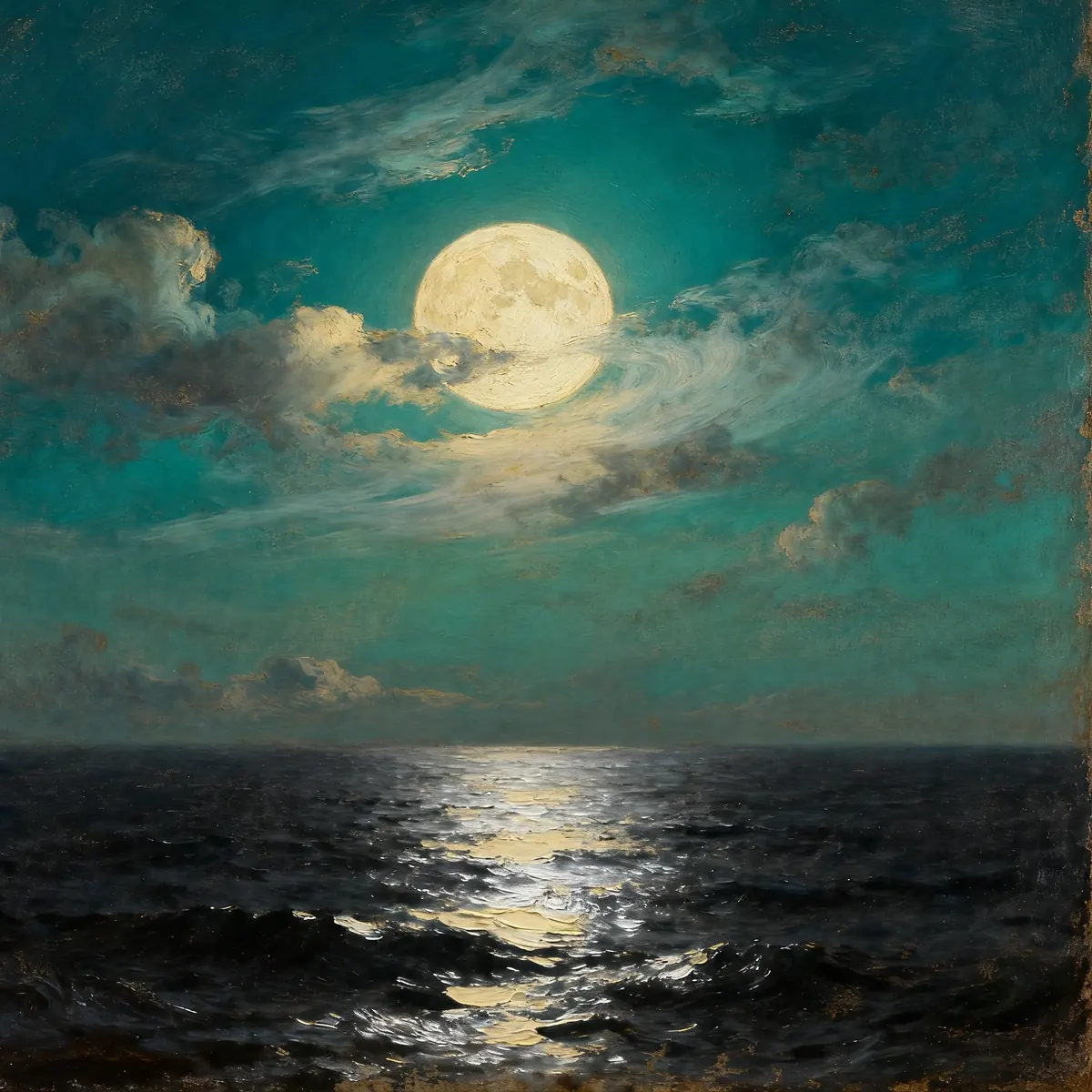 Circular classical painting of a full moon over calm water.