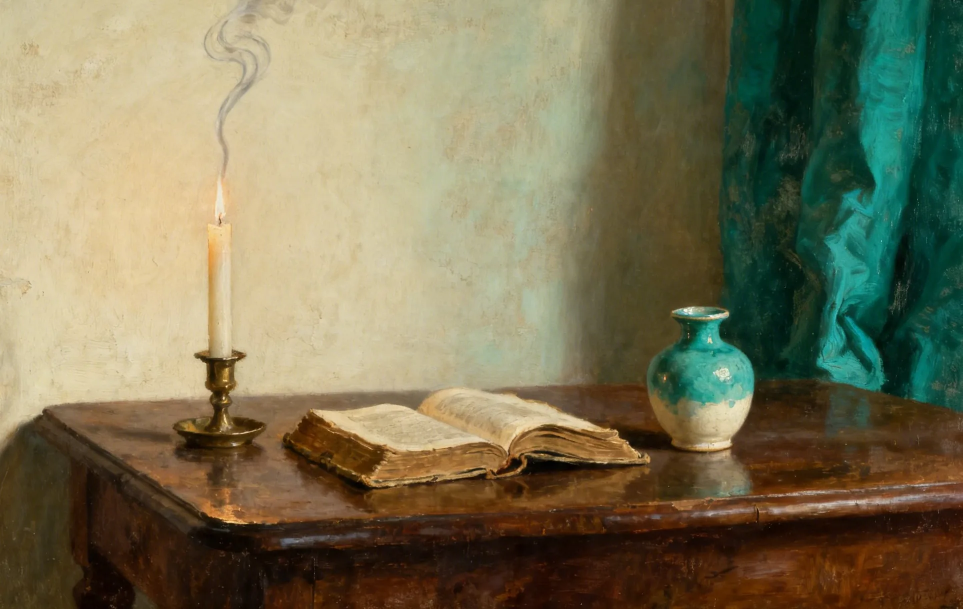 A classical oil painting setting a quiet, contemplative mood.